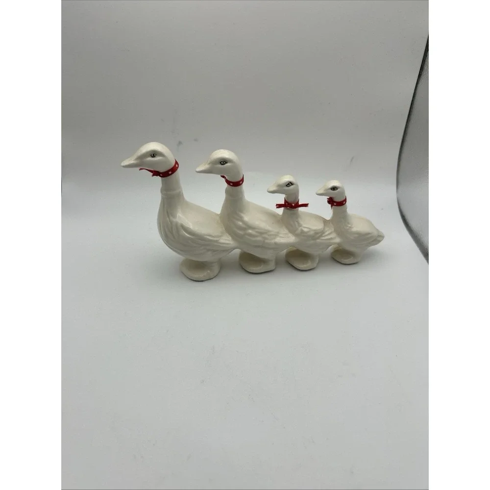 Vintage White Goose Figurines Set of 4 Red Ribbon Collars Farmhouse‎ Decor